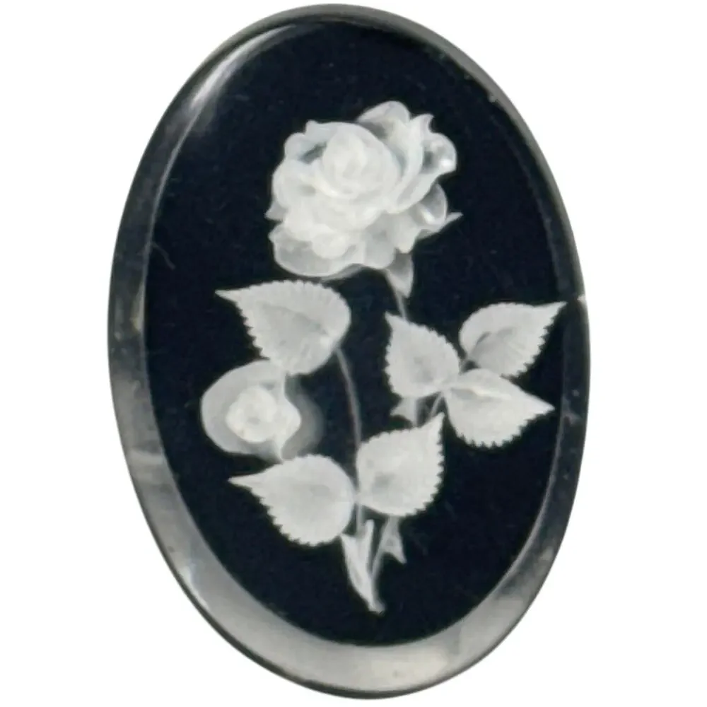 Vintage 60s Brooch Gem-Tone Handcarved Black with White Roses